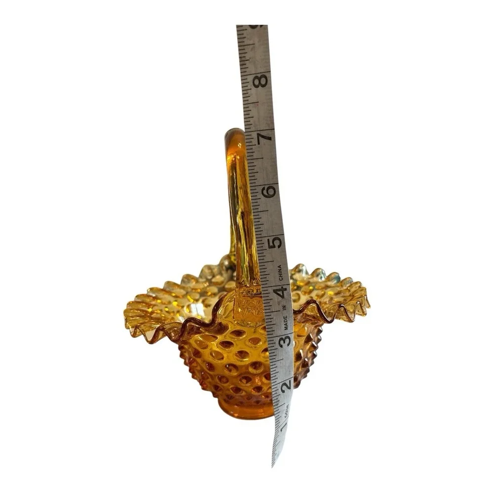 Vintage Fenton Amber Glass Colonial Hobnail Ruffled Edges Art Glass Basket 7.5